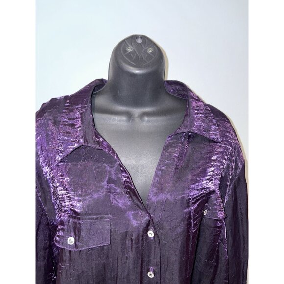 Elementz Womens Size 3X Blouse Satin Like Purple Roll  Tab Long Sleeve Dressy - Picture 2 of 12